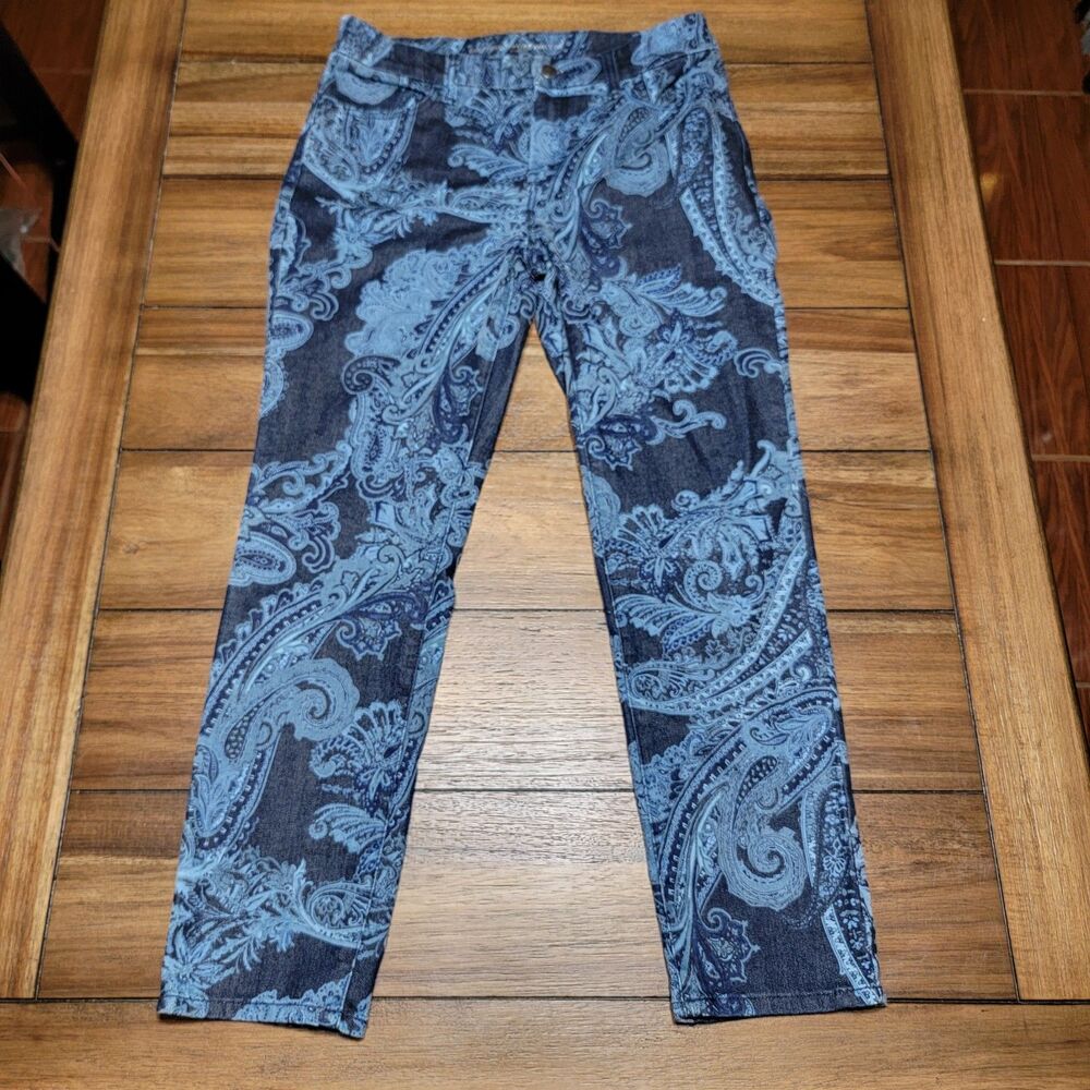 Chico's Girlfriend Slim Leg Dark Blue Paisley Pattern Pants - Size 00